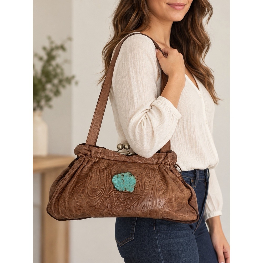 Arohole Tooled Leather Satchel Purse Turquoise Color Stone Accent